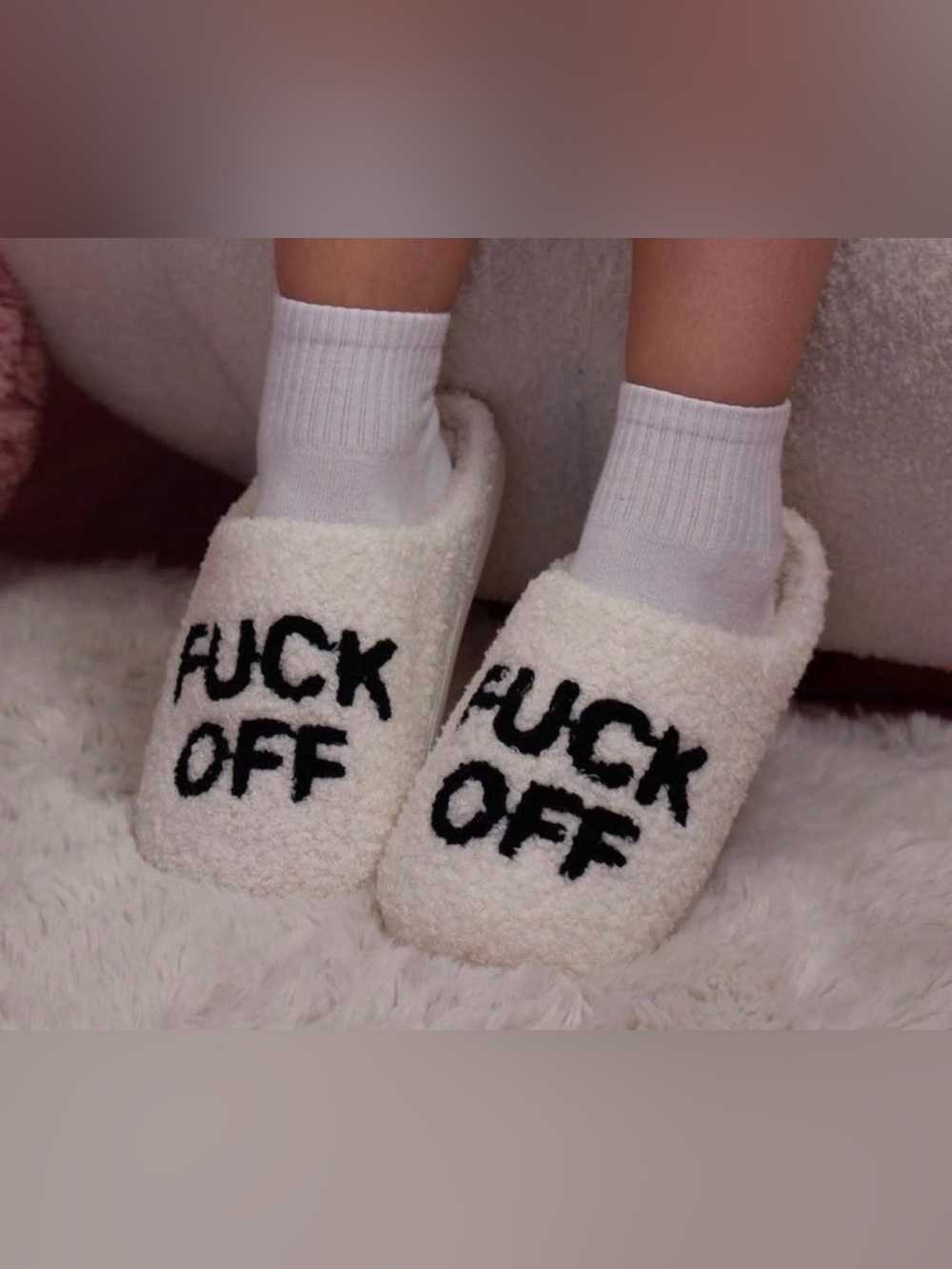 White Plush Slip-On Slippers with Bold Black Text